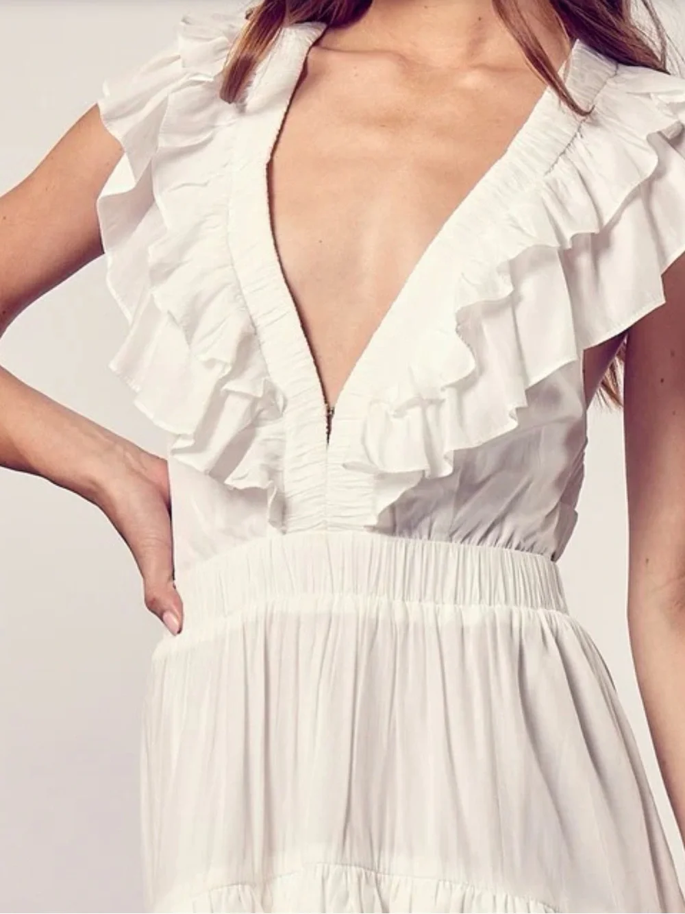 FASHION WHITE V-NECK HIGH LOW RUFFLE CROSS OPEN BACK SLEEVELESS MAXI DRESS - Picture 10 of 10